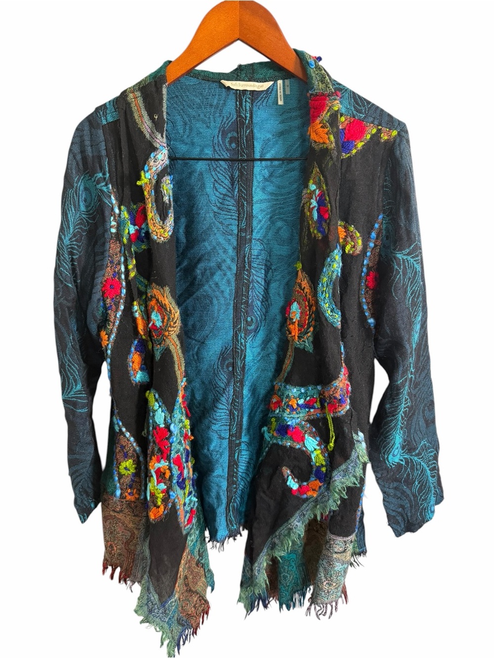 Soft Surroundings Black Open-Front Embroidered Cardigan with Teal Accents M - Picture 2 of 9